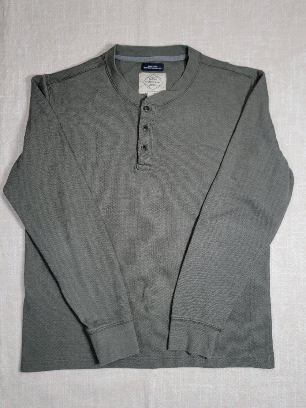 St Johns Bay Waffle Knit Henley Long Sleeve Shirt Size L Olive Green Super Soft